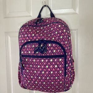 VERA BRADLEY Katalina Pink & Navy blue Diamonds Quilted Campus large Backpack